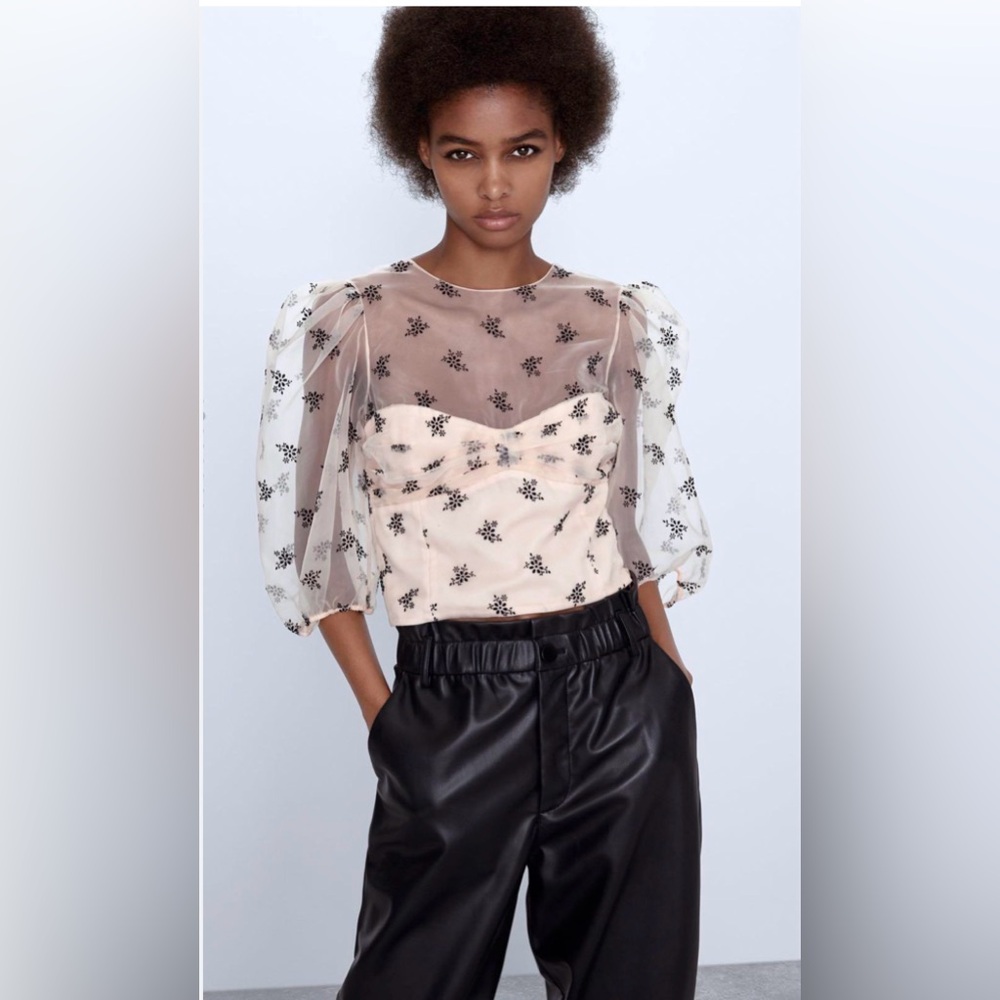 Zara Sheer Puff-Sleeve Floral Appliqué Top in Cream and Black